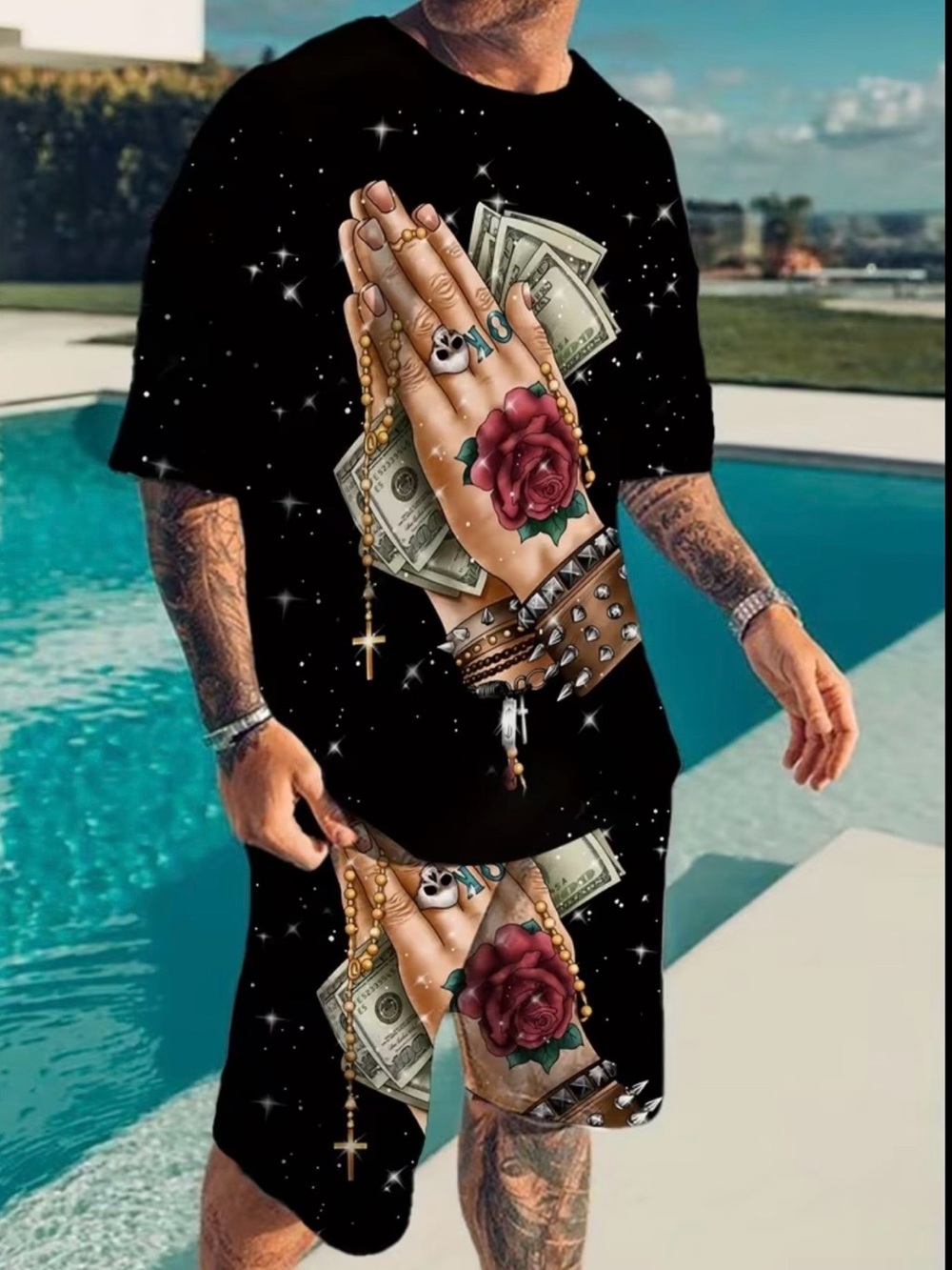 NEW Praying Hands with Money Graphic Tee & Shorts - Black with Red Rose large